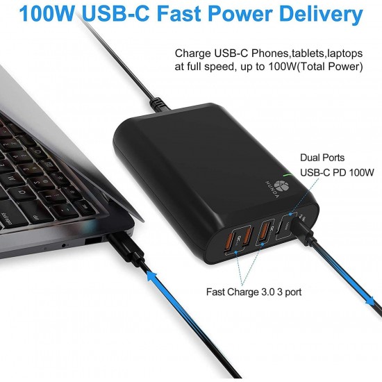 Chargeur USB Type C,100W/150W avec 2 Port USB-C Power Delivery 3.0 PPS & 3 Port Q.C 3.0 pour Macbook Pro 16/15/13 Pouces, Macbook Air 2018, iPad Pro et Samsung Galaxy Chargeur USB Type C,100W/150W avec 2 Port USB-C Power Delivery 3.0 PPS & 3 Port Q.C 3.0 pour Macbook Pro 16/15/13 Pouces, Macbook Air 2018, iPad Pro et Samsung Galaxy